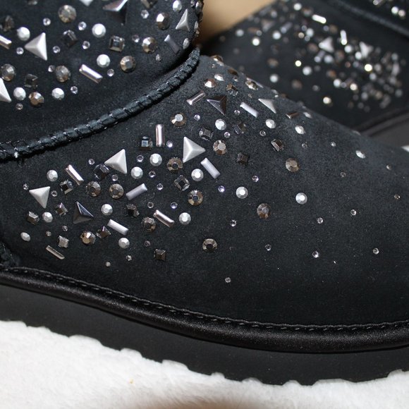UGG MINI GALAXY BLING CRYSTAL SUEDE BOOTS BLACK - Picture 3 of 8